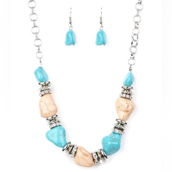Set!! Turquoise and white crackle stone beads on silver tone chain and earrings - Picture 2 of 3